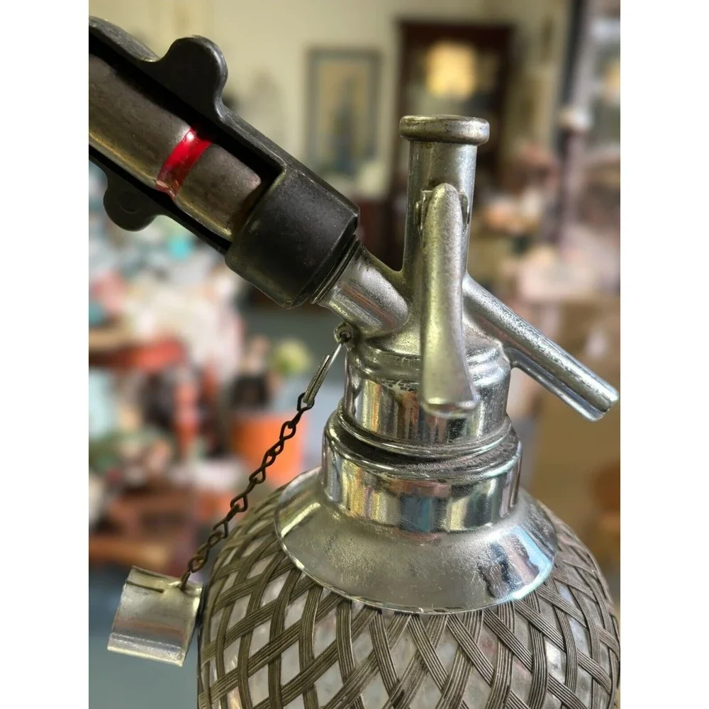 Vintage Art Deco Metal Wire Mesh Czech Glass Seltzer Bottle Sparklets USA NY